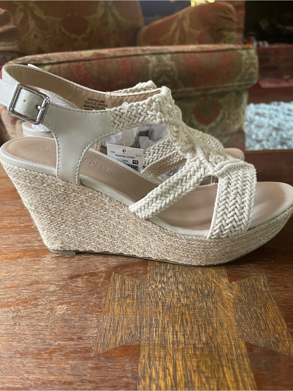 Falls Creek Cream Macramé Wedge Sandals with Ankle Buckle